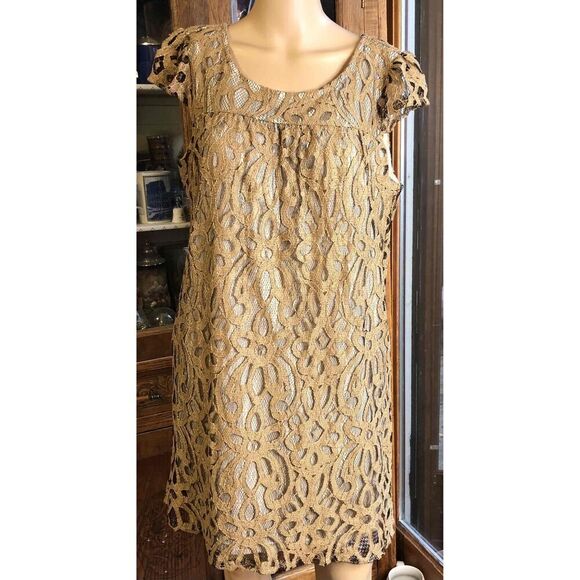 INC Gold with black Lace Overlay Cap Sleeve Scoop Neck Shift Dress  Size 12 - Picture 1 of 6